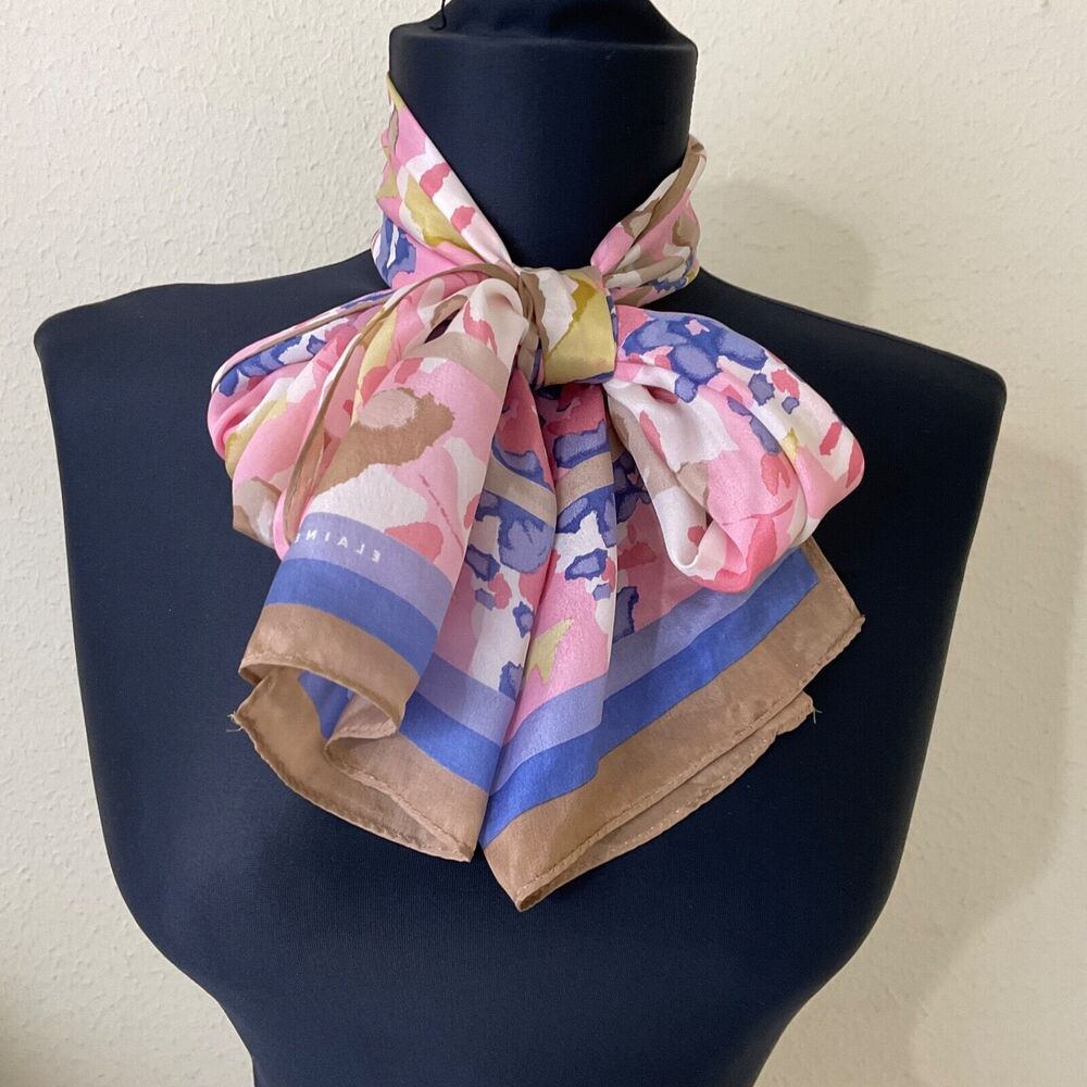 ELAINE GOLD %100silk multifunctional 10x50 scarf pink blue abstract floral Japan